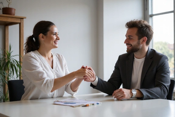 Uomo e donna che si stringono la mano dopo una consulenza di successo.